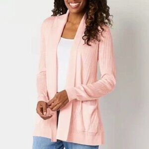 Liz Claiborne Cardigan Sweater Womens Pink Open Front Ribbed Knit Pockets‎ NWT